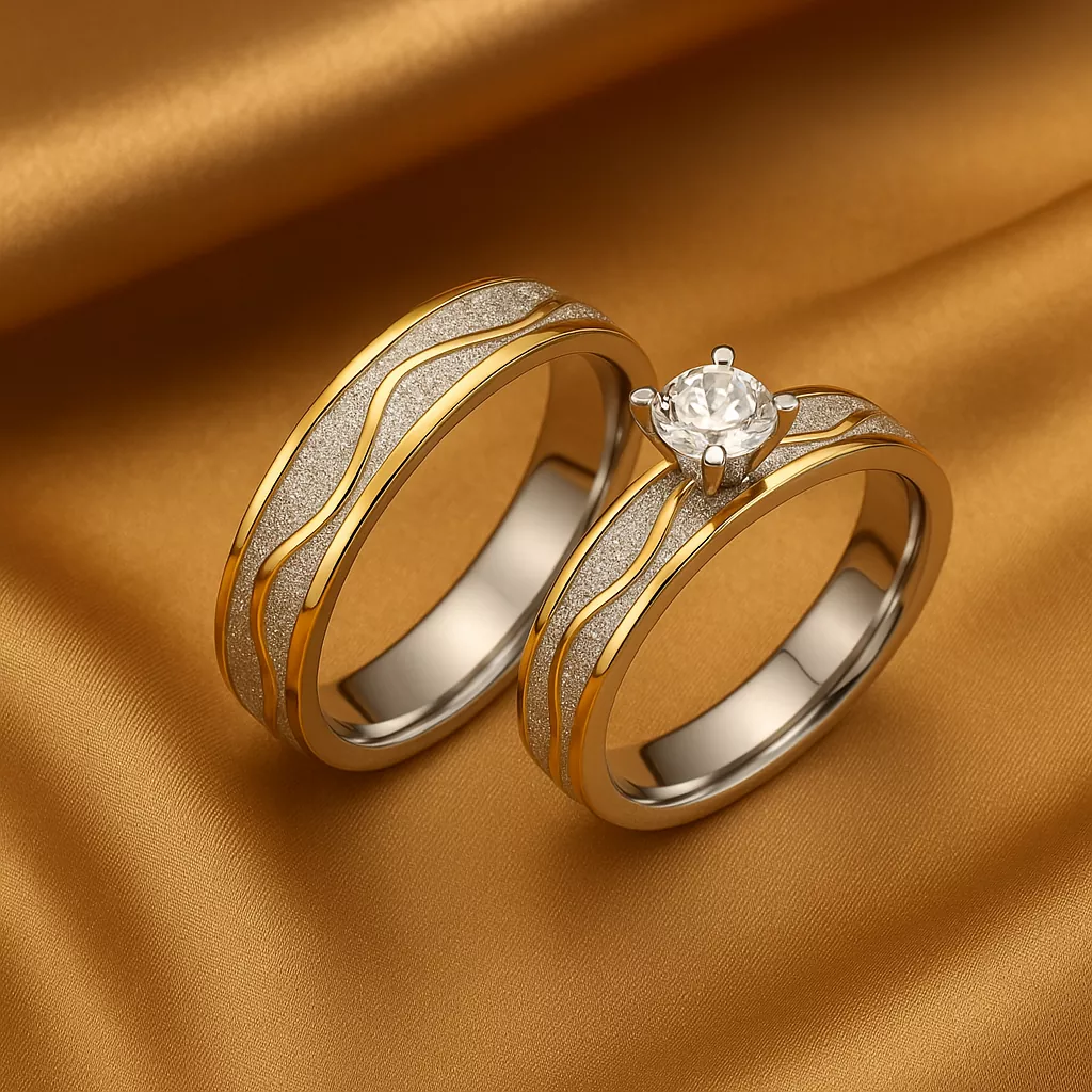 Stainless Steel Couple Rings on Golden Silk