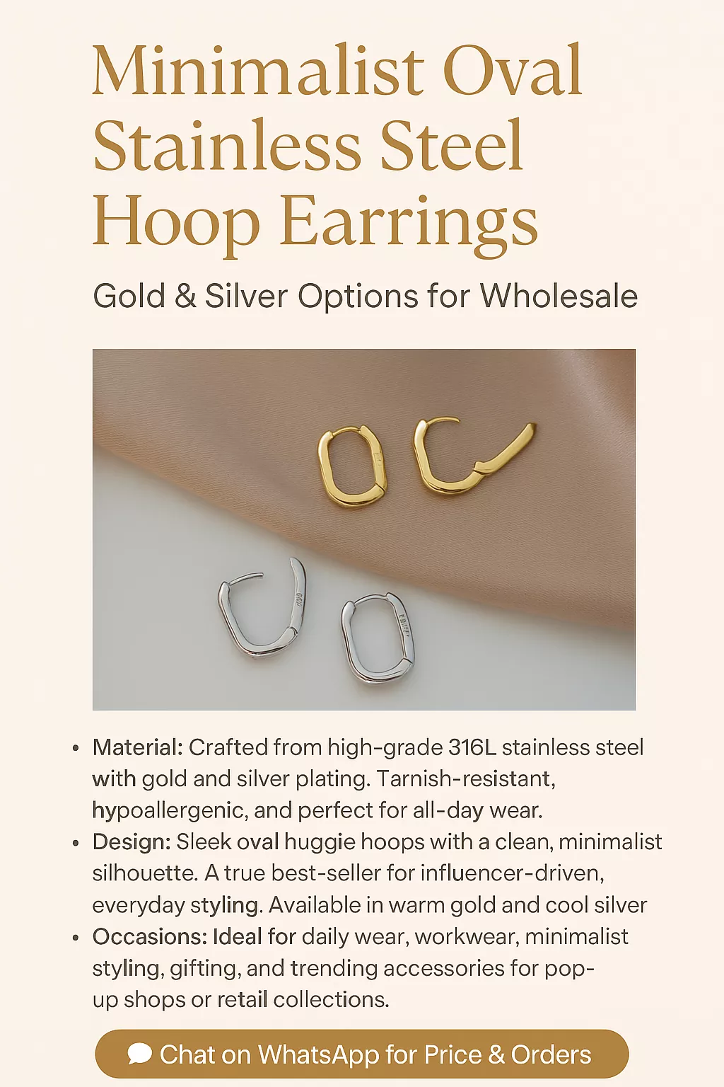 Minimalist oval stainless steel hoop earrings in gold and silver color