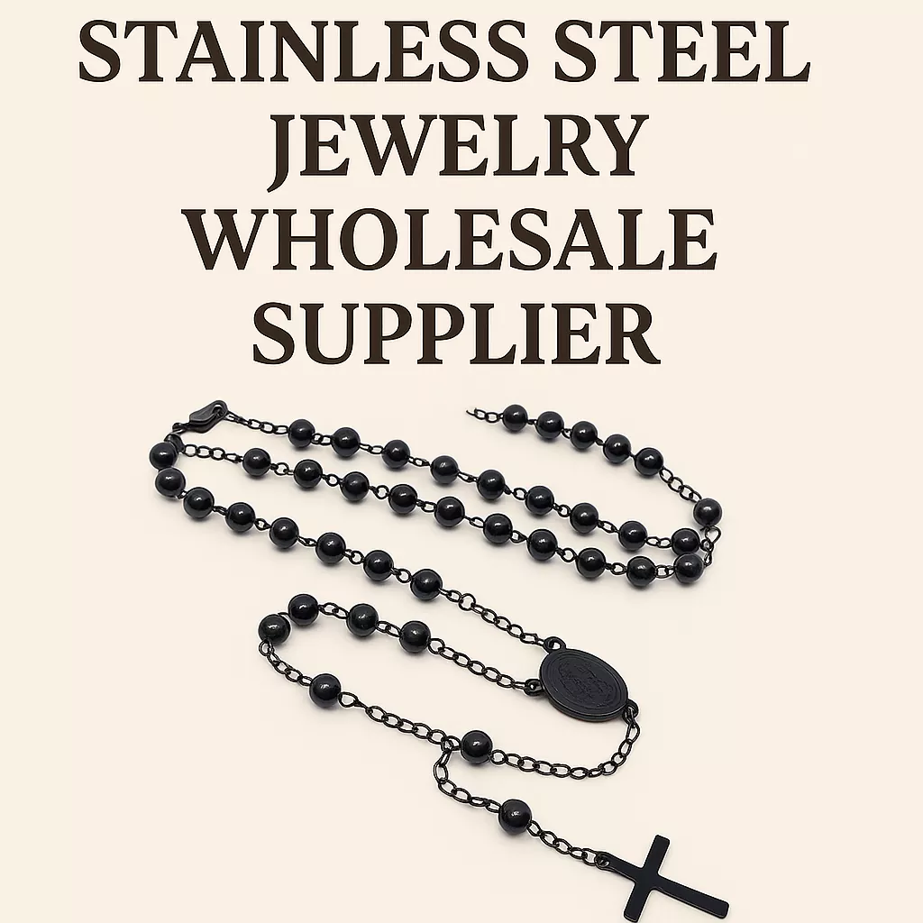 Black stainless steel rosary necklace with round beads and cross pendant, ideal for wholesale suppliers and religious jewelry retailers.