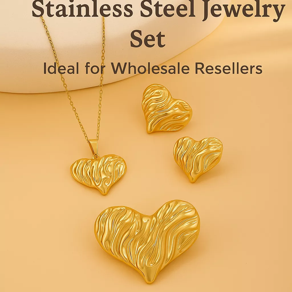 Gold abstract heart stainless steel necklace and earrings jewelry set – perfect for wholesale buyers