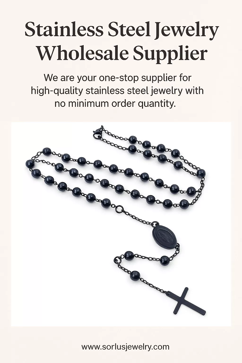 Black Stainless Steel Rosary Necklace with Cross for Wholesale