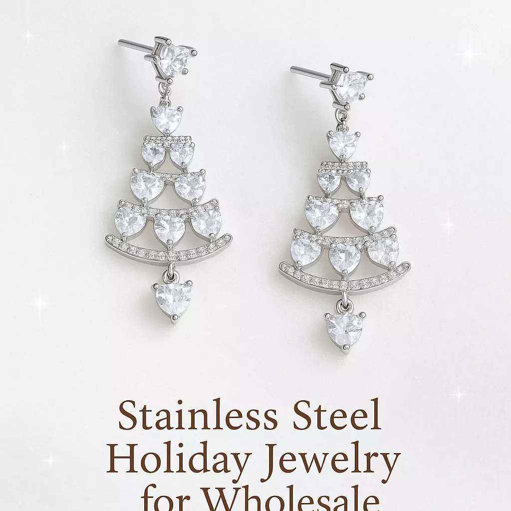 Elegant stainless steel Christmas tree earrings with heart-shaped cubic zirconia – perfect for holiday wholesale