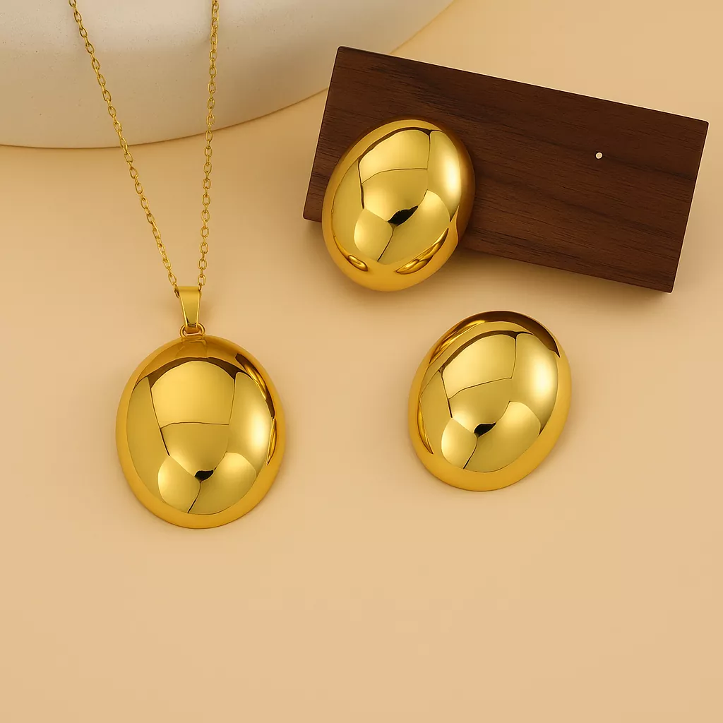 High-polish oval-shaped stainless steel pendant and earrings set for wholesale by Yanluo Jewelry