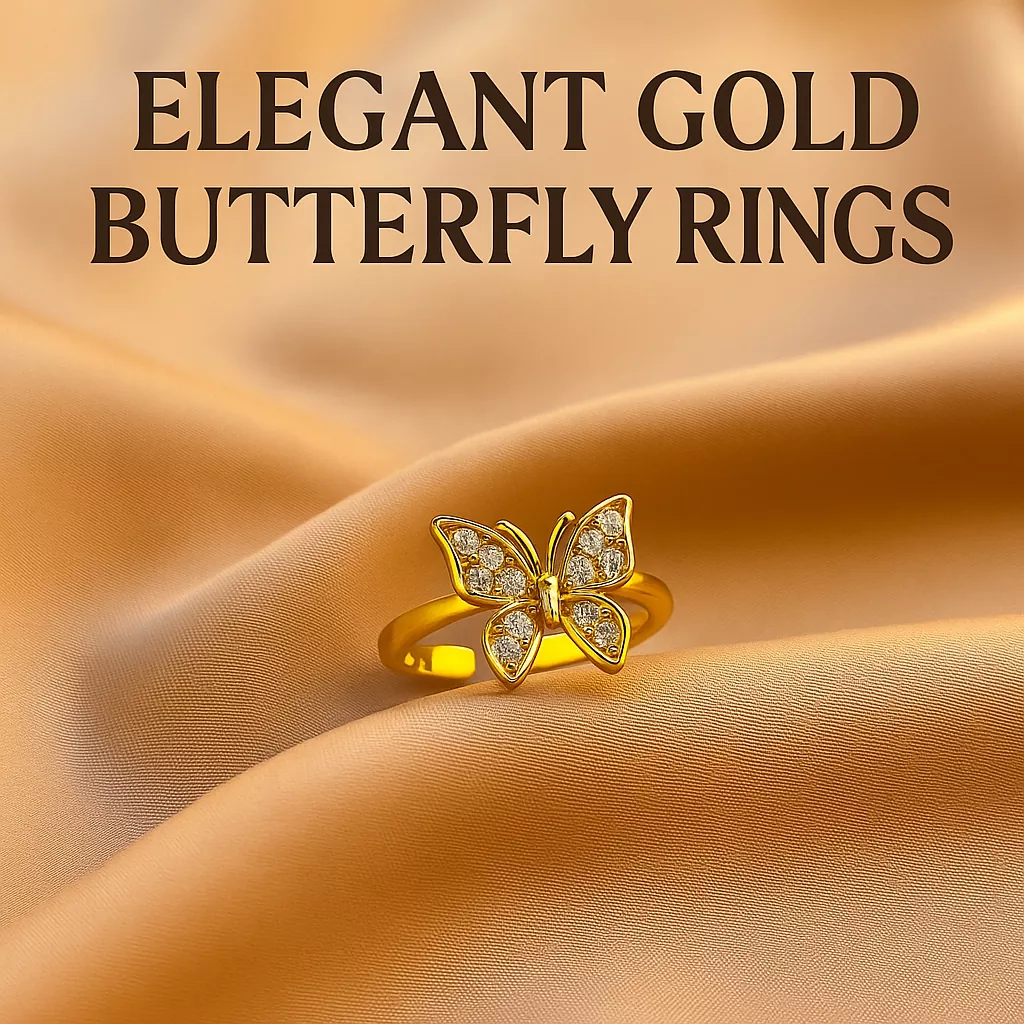 Gold butterfly stainless steel ring with zircon stones on satin background – elegant and adjustable jewelry design for women