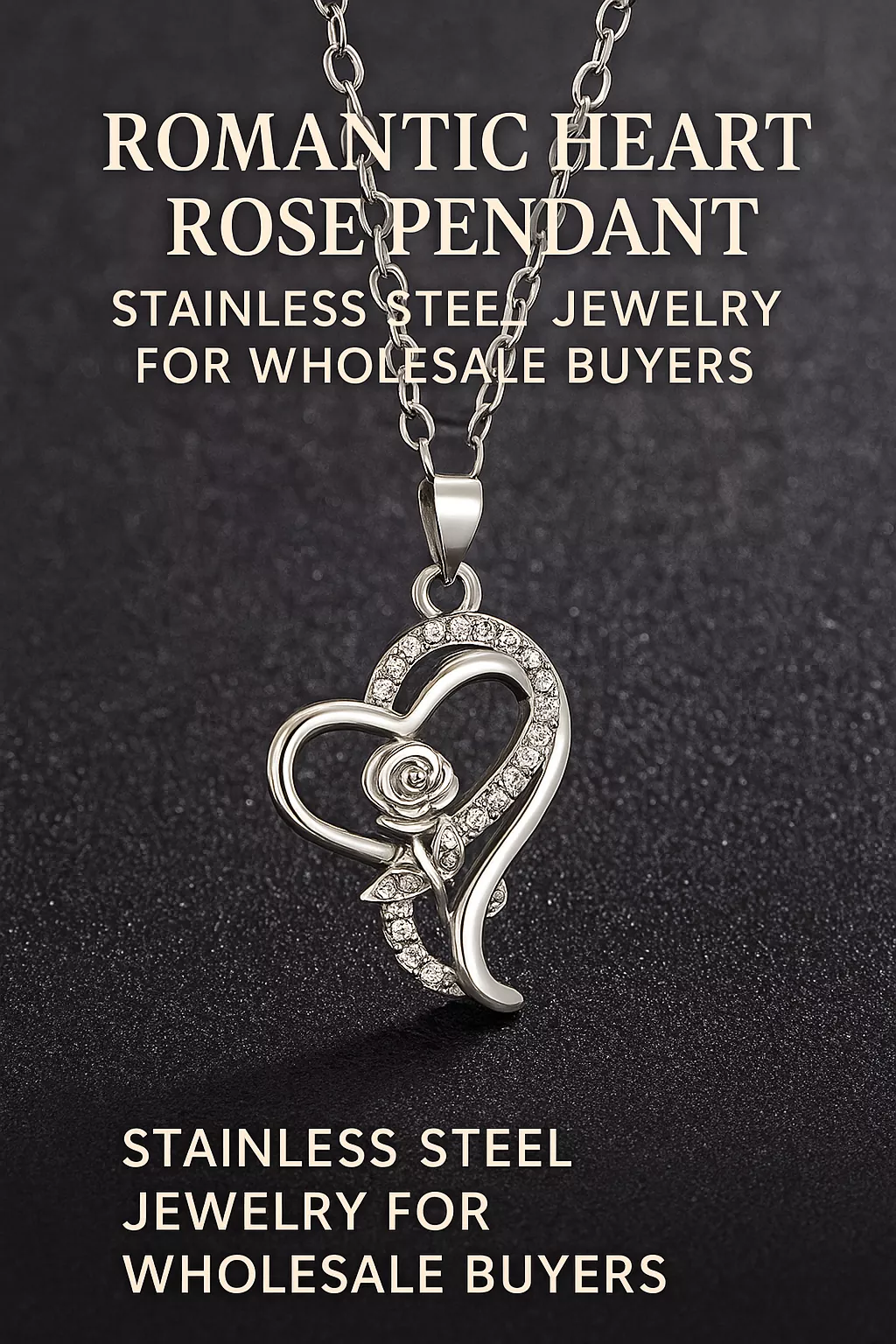 Stainless steel heart-shaped pendant with rose and cubic zirconia, ideal for wholesale jewelry suppliers