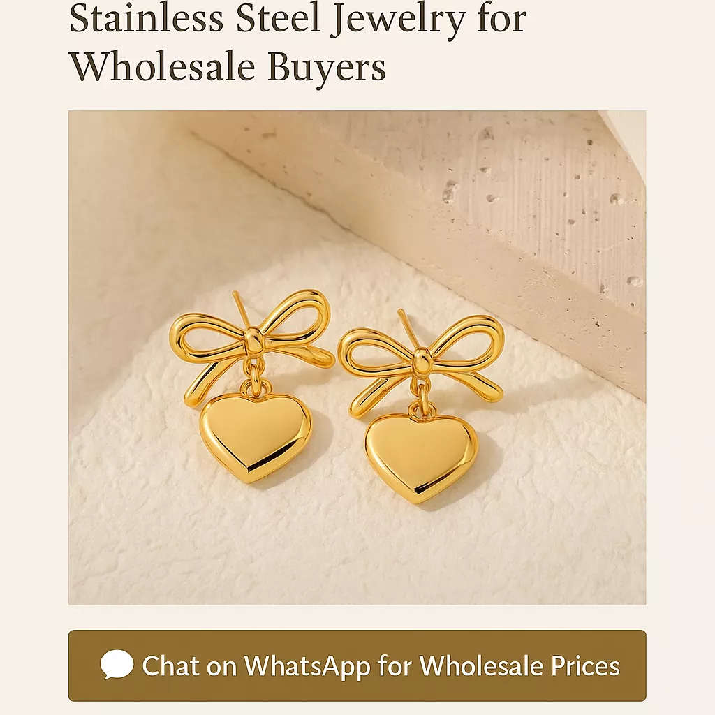 Polished gold bow heart earrings made from stainless steel – wholesale supplier YanluoJewelry