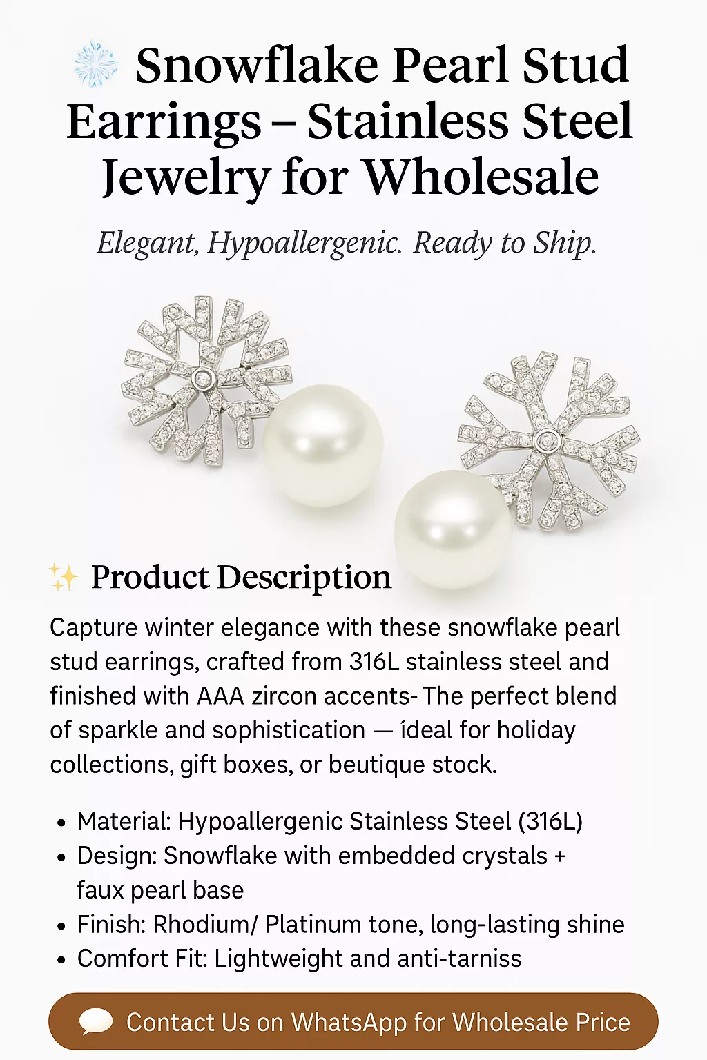 Snowflake pearl stainless steel earrings with zircon crystals – perfect for wholesale jewelry resellers from Yanluo Jewelry