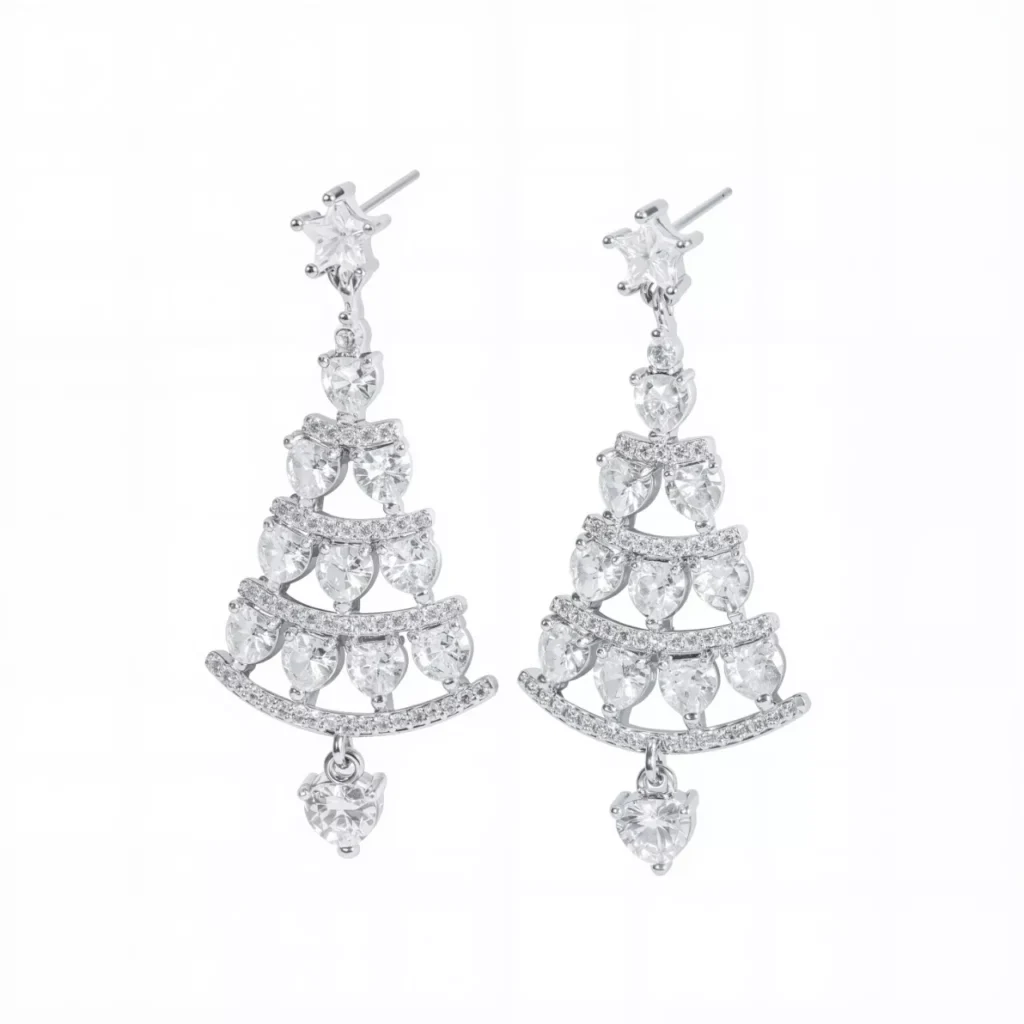 Festive Christmas tree drop earrings with heart-cut cubic zirconia and stainless steel base – perfect for holiday wholesale buyers from stainless steel jewelry supplier YanluoJewelry