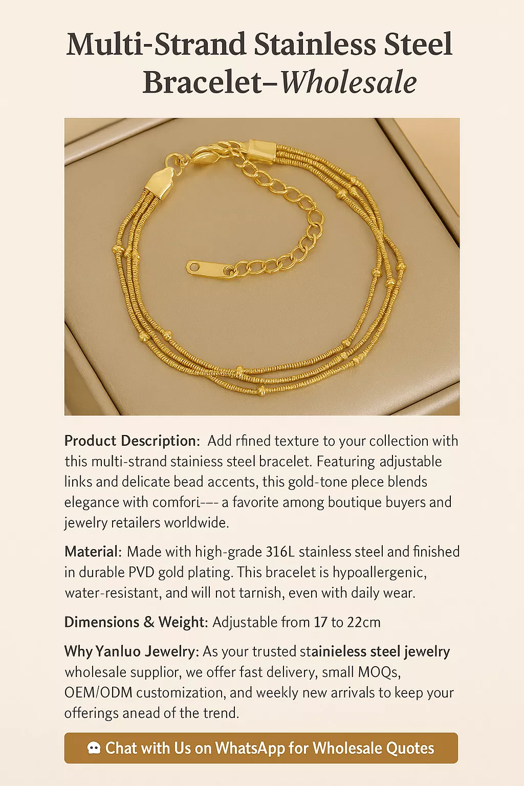 Gold multi-strand stainless steel bracelet with beads and adjustable clasp – Yanluo Jewelry wholesale