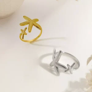 Gold and silver stainless steel starfish rings with double starfish design, wholesale jewelry collection by Yanluo Jewelry