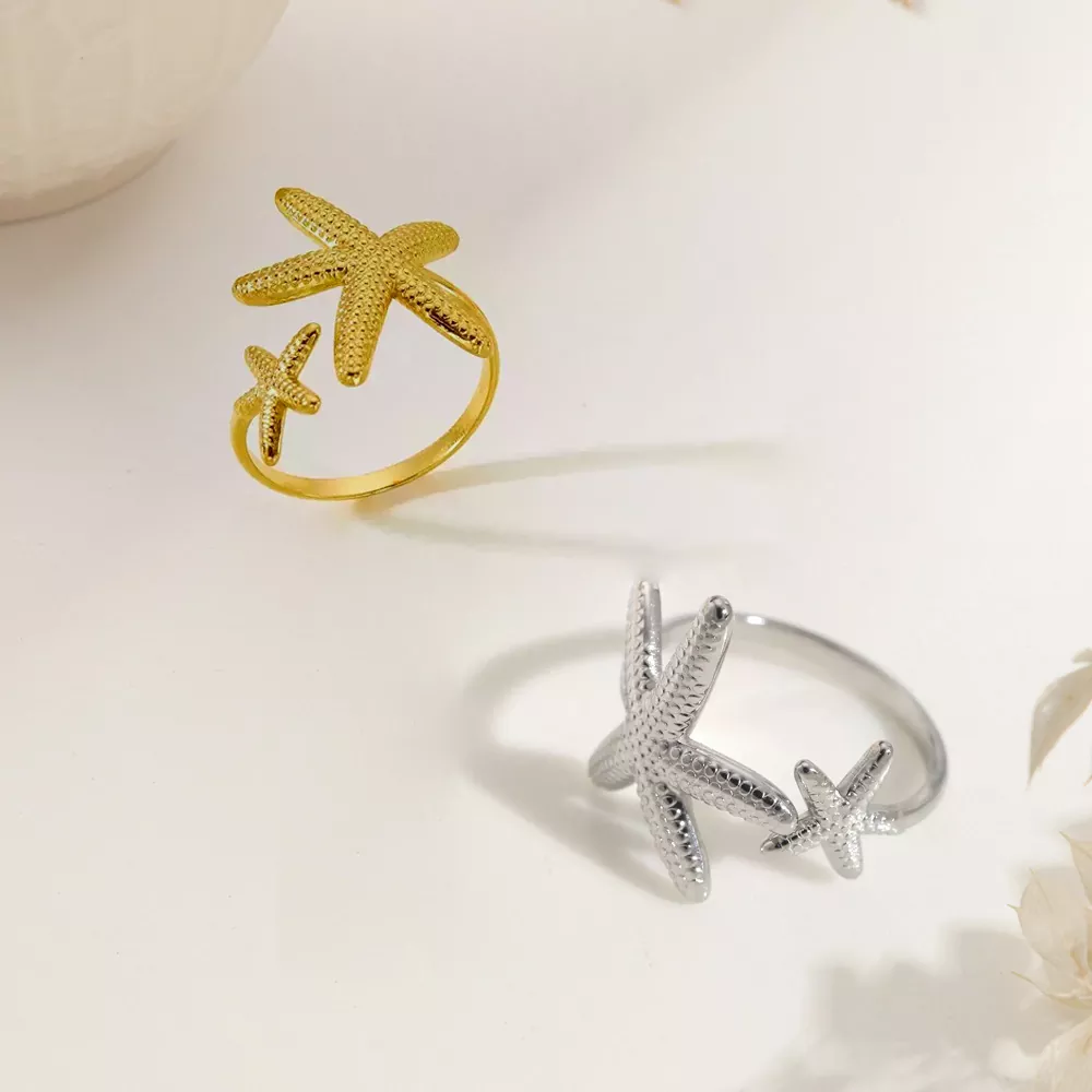 Gold and silver stainless steel starfish rings with double starfish design, wholesale jewelry collection by Yanluo Jewelry