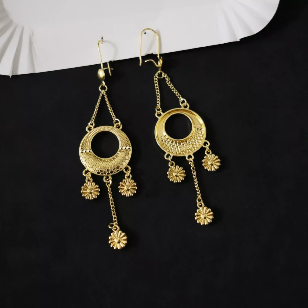 Vintage gold stainless steel circle drop earrings with floral chain details, wholesale jewelry by Yanluo Jewelry