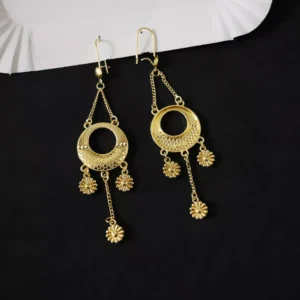 Vintage gold stainless steel circle drop earrings with floral chain details, wholesale jewelry by Yanluo Jewelry