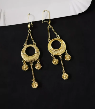 Vintage gold stainless steel circle drop earrings with floral chain details, wholesale jewelry by Yanluo Jewelry
