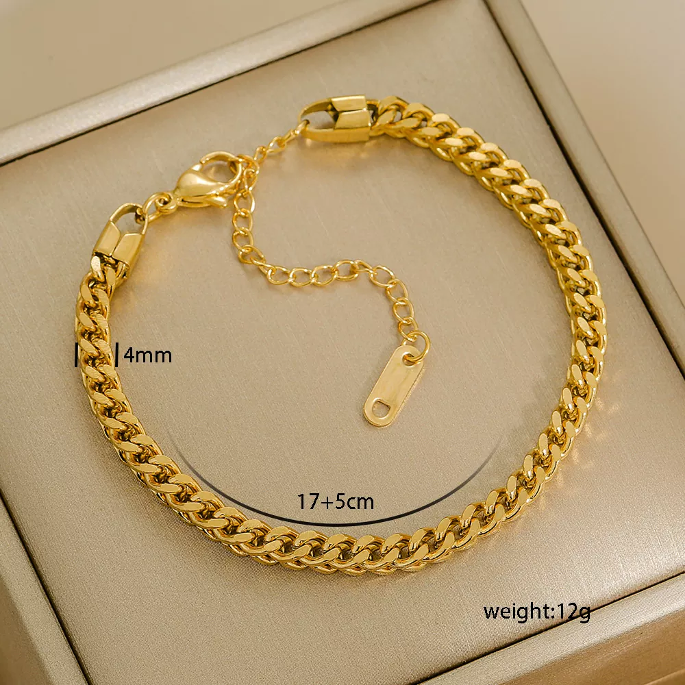 A polished gold-tone stainless steel Cuban chain bracelet with a 4mm width and adjustable clasp, ideal for wholesale jewelry resellers and retailers.