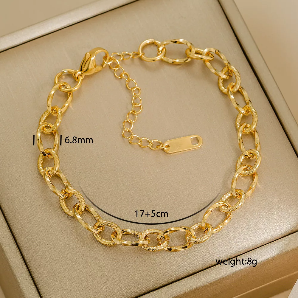 Gold 6.8mm textured link stainless steel bracelet with adjustable 17+5cm chain and lobster clasp, available for bulk orders from Yanluo Jewelry – stainless steel jewelry wholesale supplier.