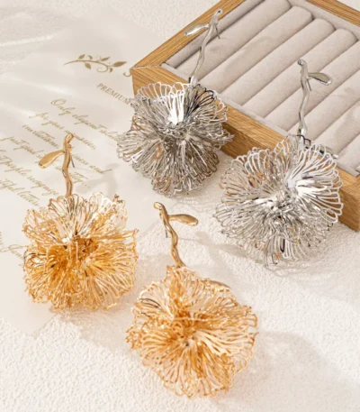 Gold and silver hollow petal stainless steel drop earrings for B2B wholesale