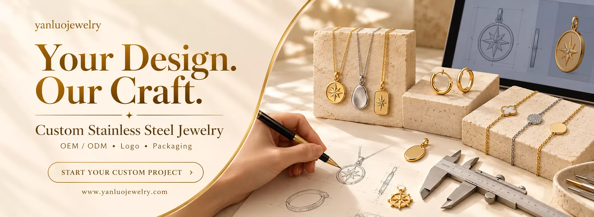 Gold-tone necklace, bracelet and hoop earrings with a silver-tone ring — yanluojewelry stainless steel jewelry wholesale